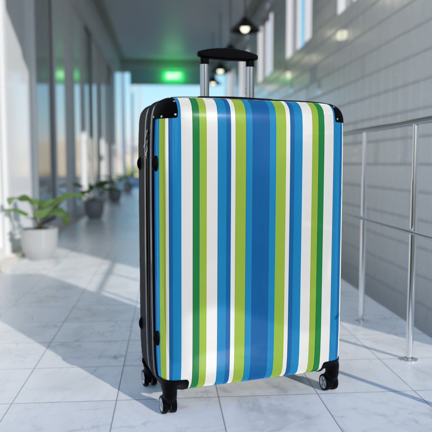 Blue Green Vertical Stripes Suitcase | Luggage Travel Accessory
