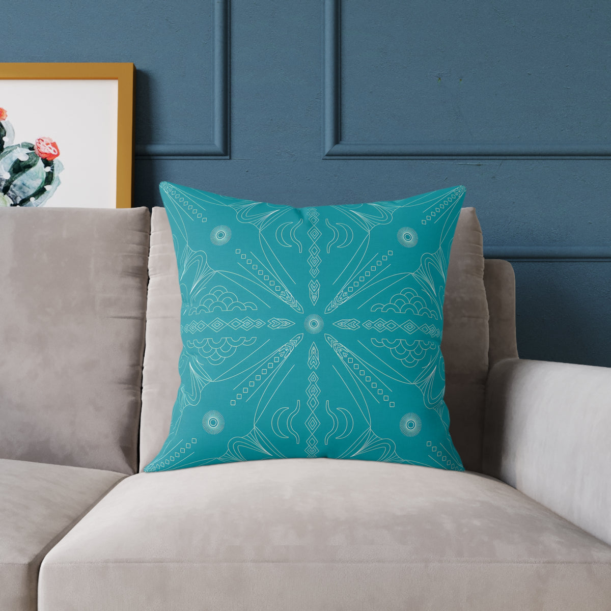 Teal Mandala Pattern Square Poly Canvas Pillow | Boho Decorative Throw Pillow