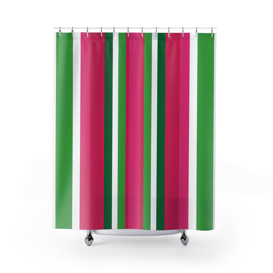 Pink and Green Vertical Stripes Shower Curtain | Bold Stripe Bathroom Decor