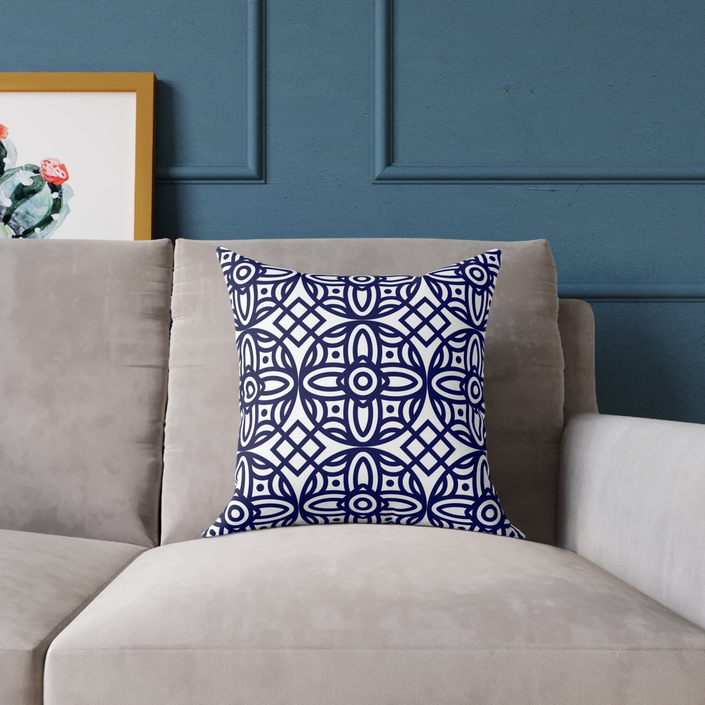 Navy Geometric Pattern Square Pillow | Blue Moroccan Motif, Boho Accent Cushion, Home Decor, Gift for Housewarming, Modern Interior Style