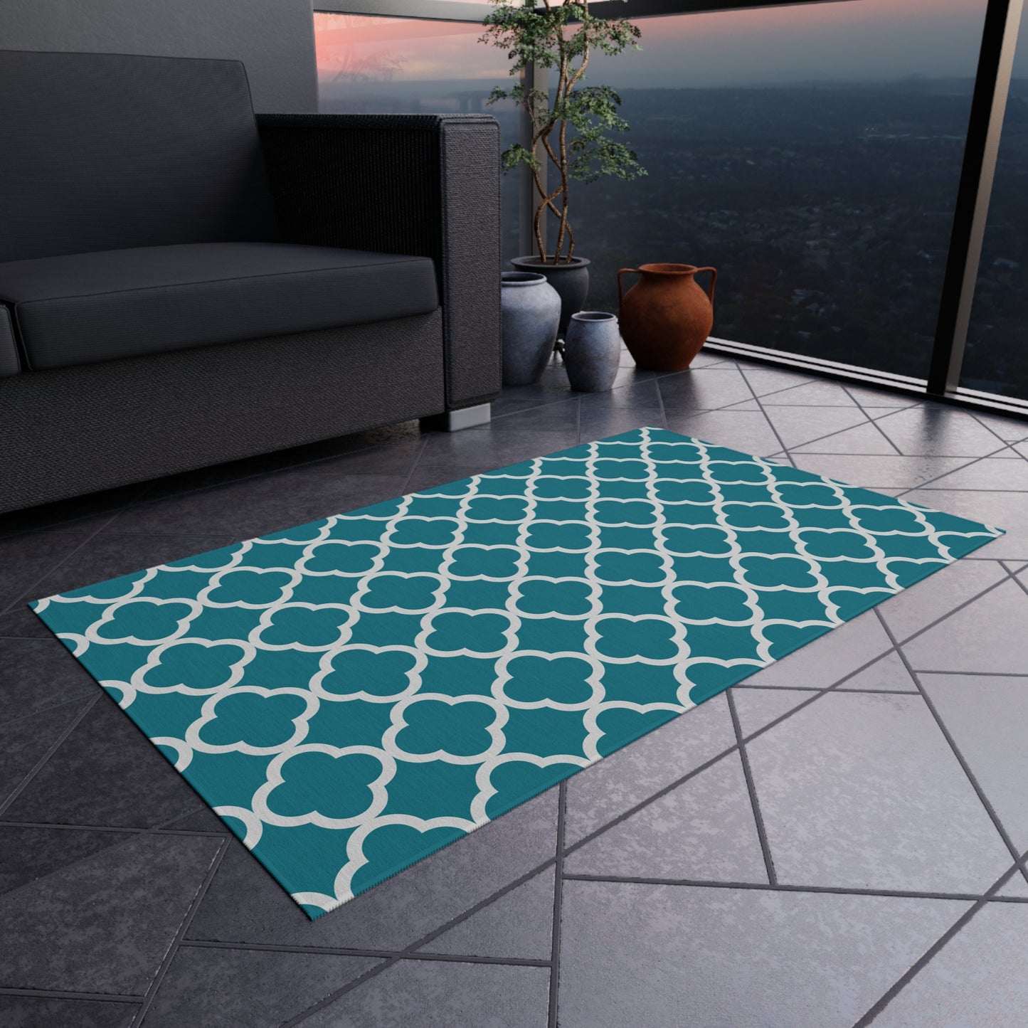 Teal Quatrefoil Outdoor/Indoor Rug | Patterned Patio Mat