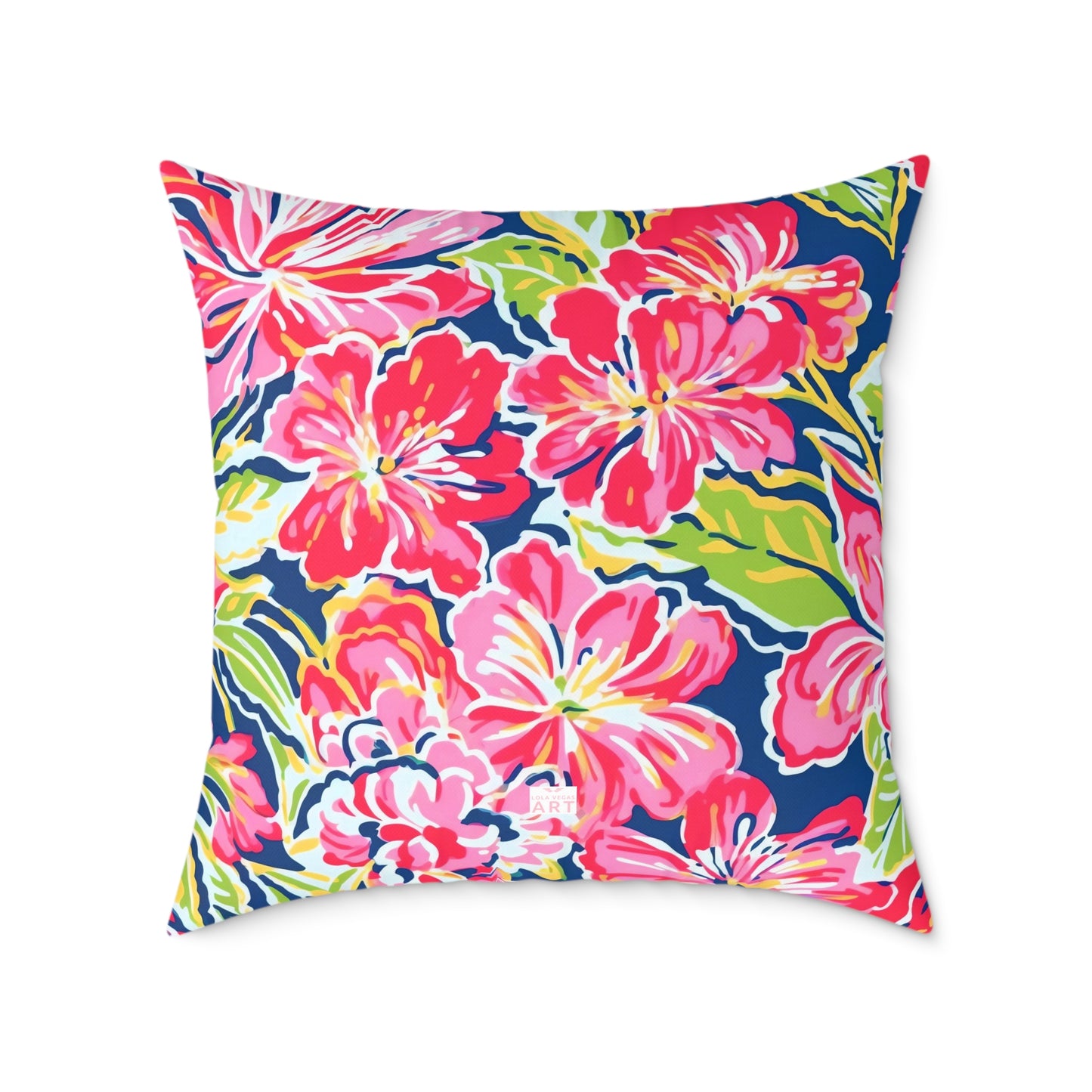 Pink Red Green Blue Tropical Hibiscus Floral Pillow | Square Poly Canvas Pillow