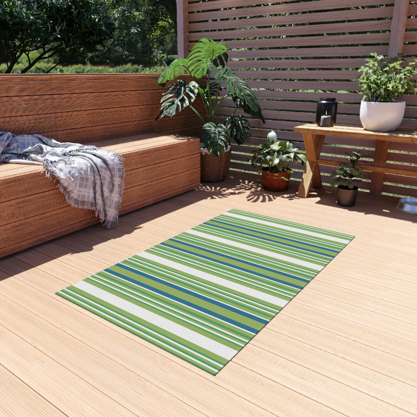 Green Blue White Stripe Outdoor Rug | Patio Mat, Weather-Resistant