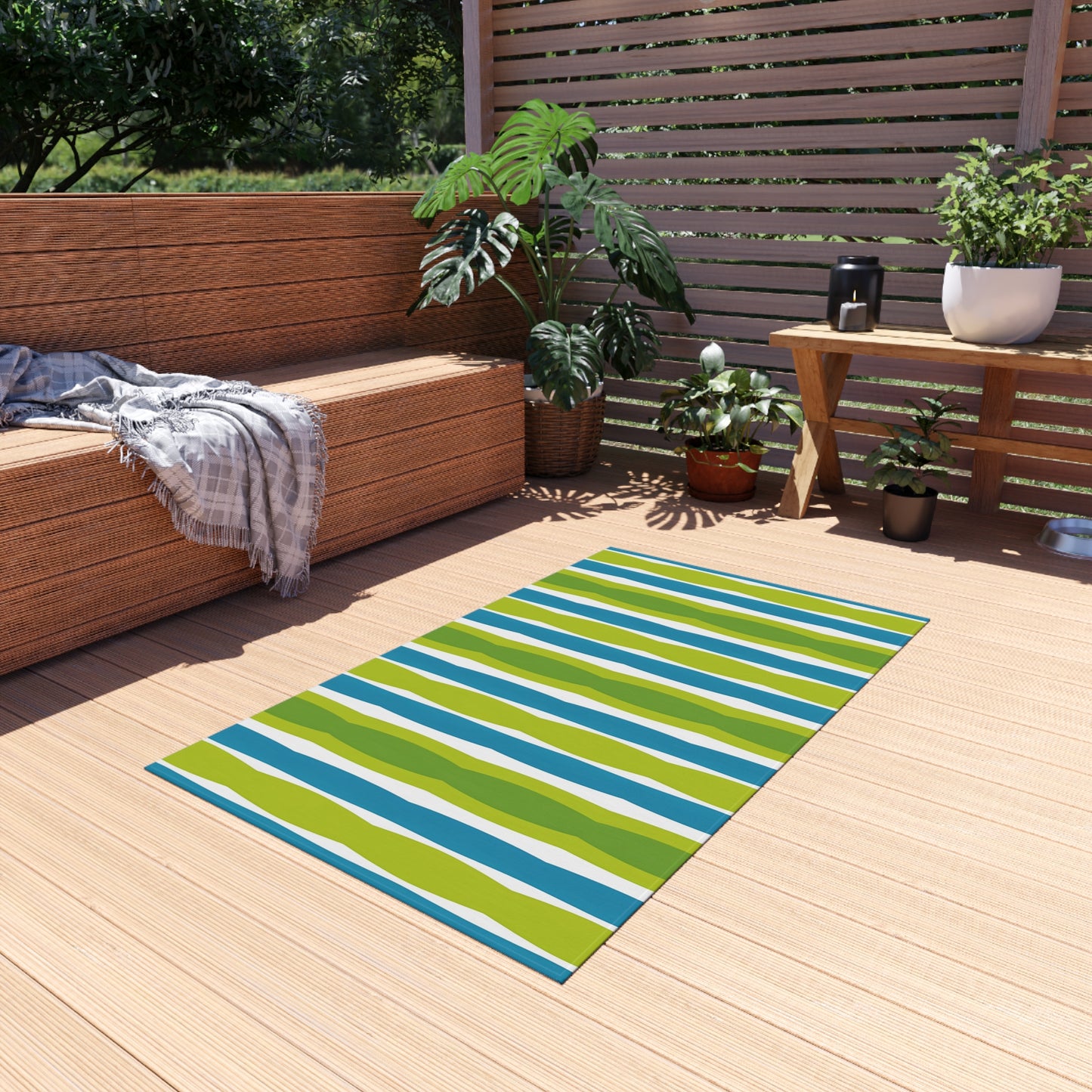 Blue Green Wave Stripe Outdoor/Indoor Rug | Patio Mat, Weatherproof Floor Covering