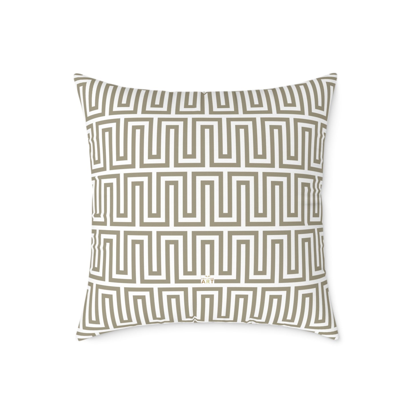 Tan White Greek Key Geometric Pattern Pillow | Square Poly Canvas Throw Pillow