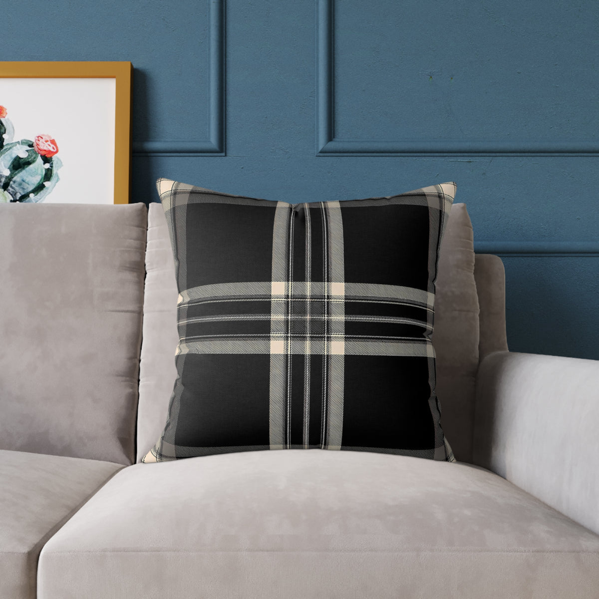Black Gray Beige Plaid Square Poly Canvas Pillow | Buffalo Check Throw Pillow