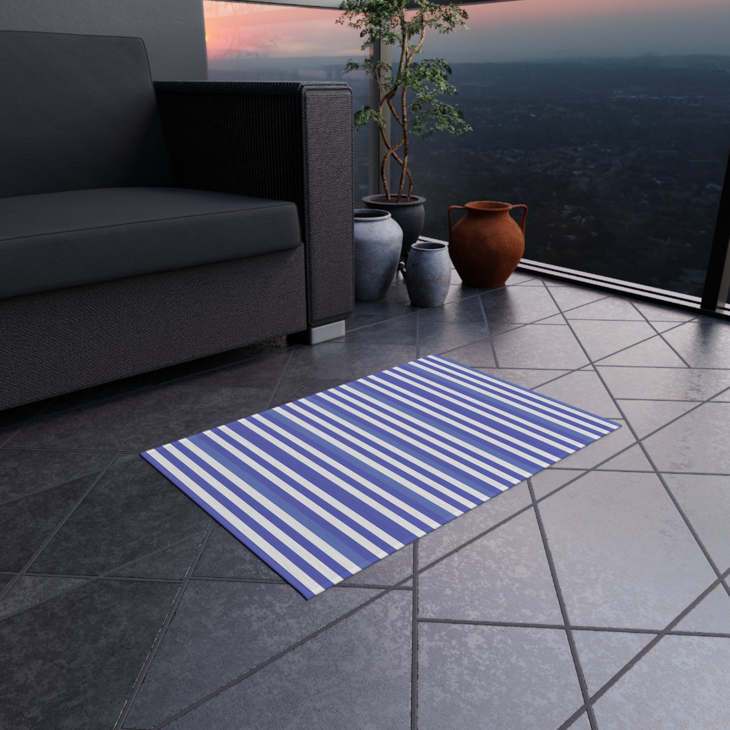 Purple, Periwinkle White Striped Outdoor Rug | Nautical Patio Mat