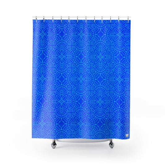 Blue Geometric Mandala Shower Curtain | Mediterranean Pattern Vibrant Bathroom Accessory