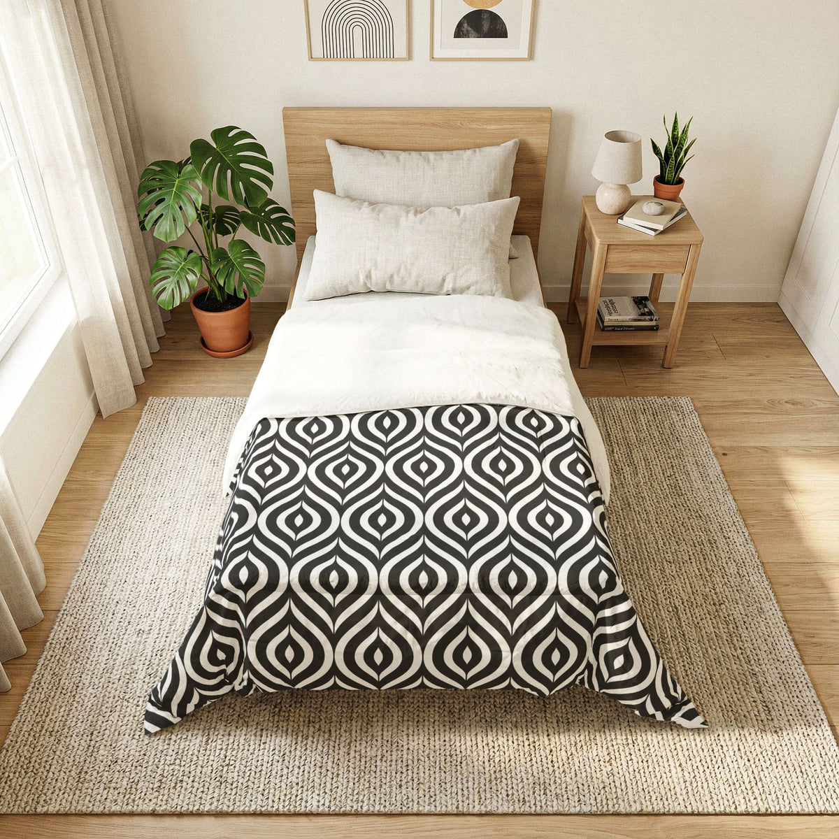 Geometric Black White Pattern Cotton Comforter | Modern Ikat Design