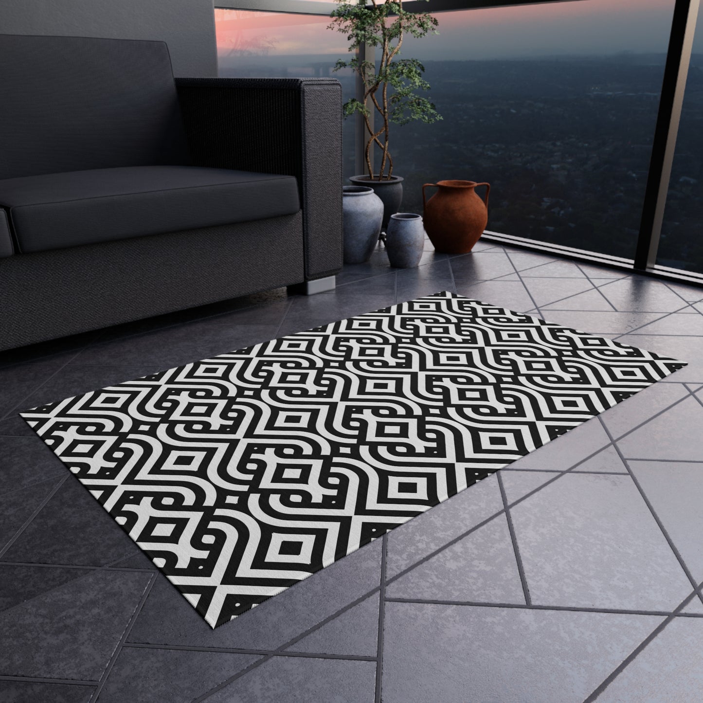 Black Geometric Trellis Outdoor/Indoor  Rug | Patio Mat, Modern Moroccan Pattern