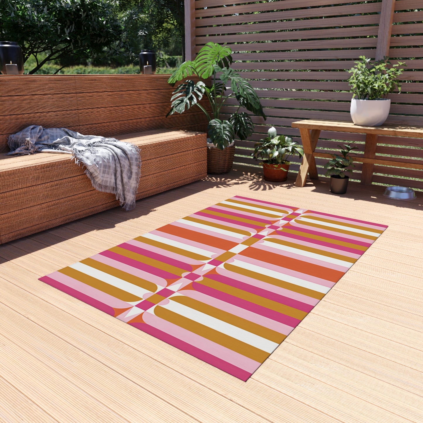 Retro Geometric Stripes Outdoor Rug | Pink Orange Mustard