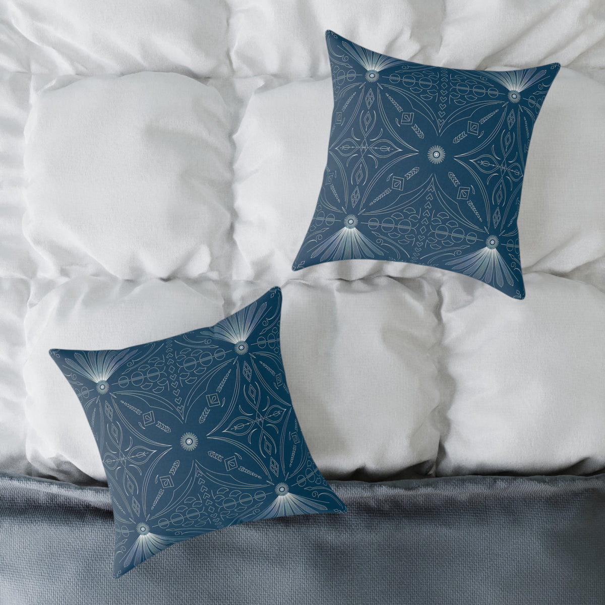 Cerulean White Geometric Mandala Square Poly Canvas Pillow | Boho Tile Pattern