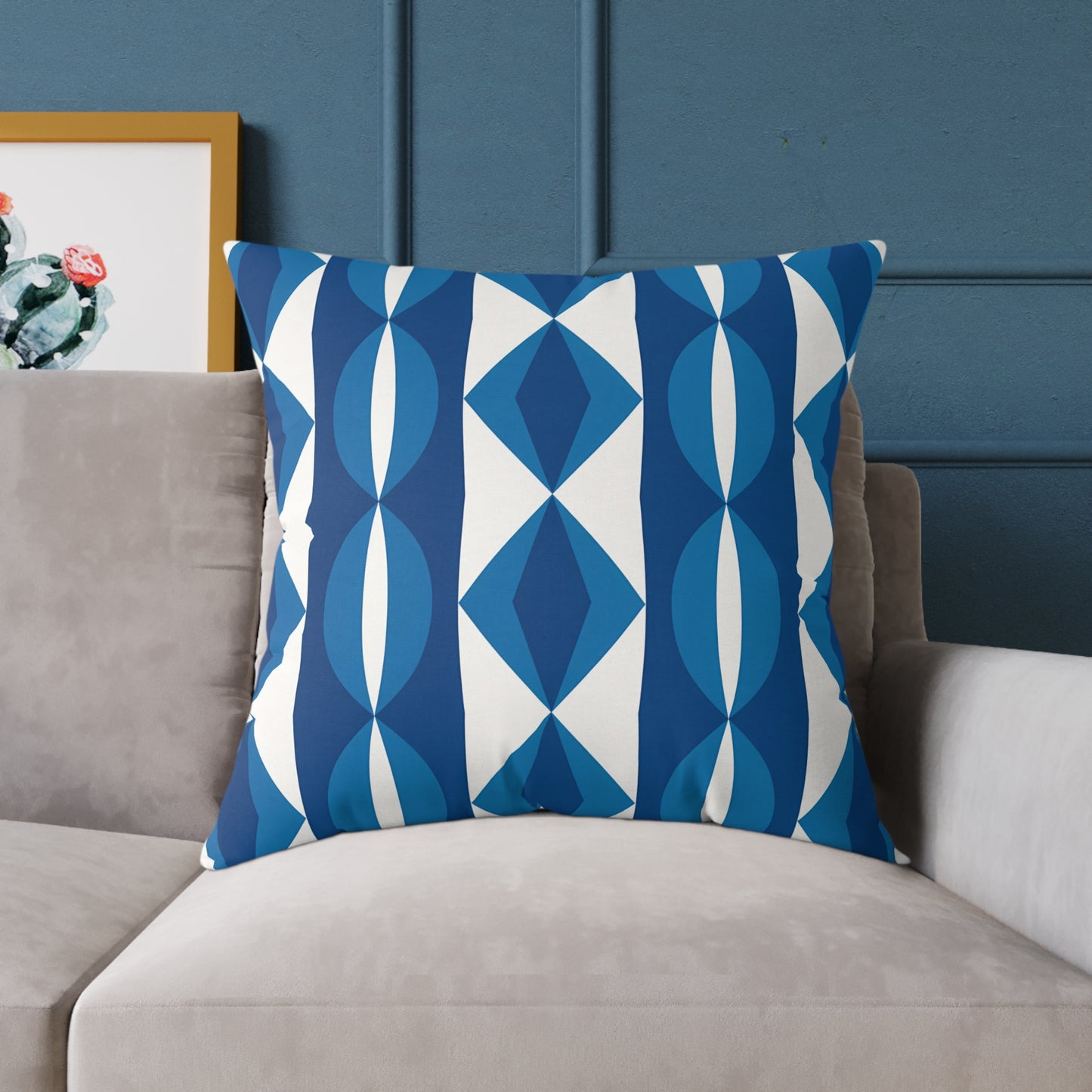 Blue White Geometric Pattern Pillow | Mid Century Modern Diamond Stripe
