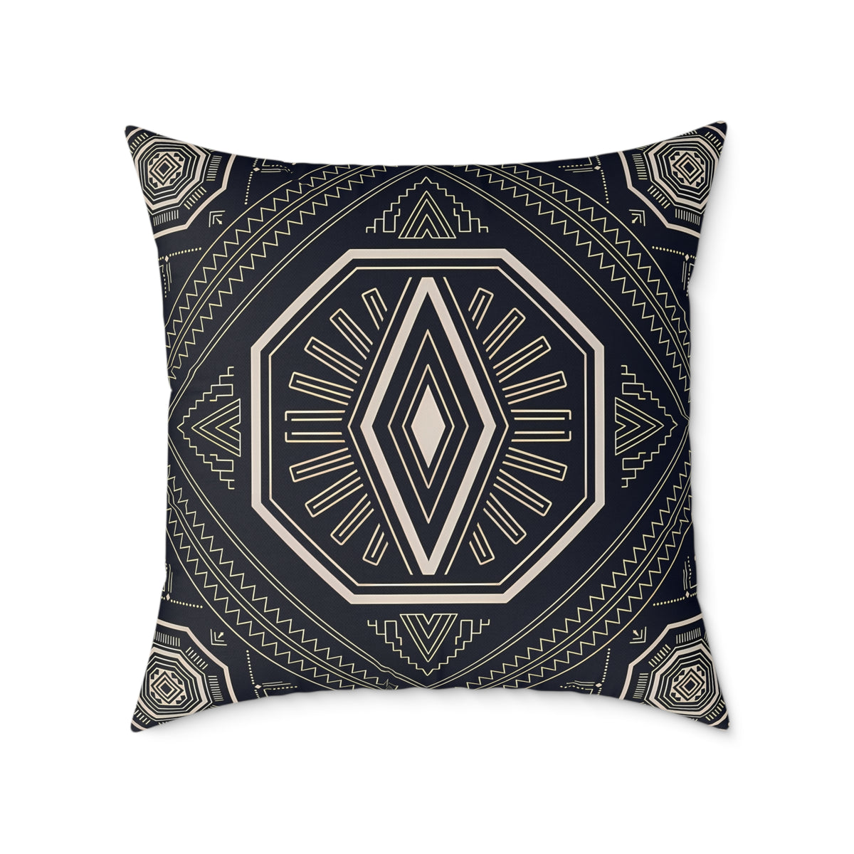 Geometric Black & Cream Tribal Medallion Square Pillow | Boho Aztec Pattern