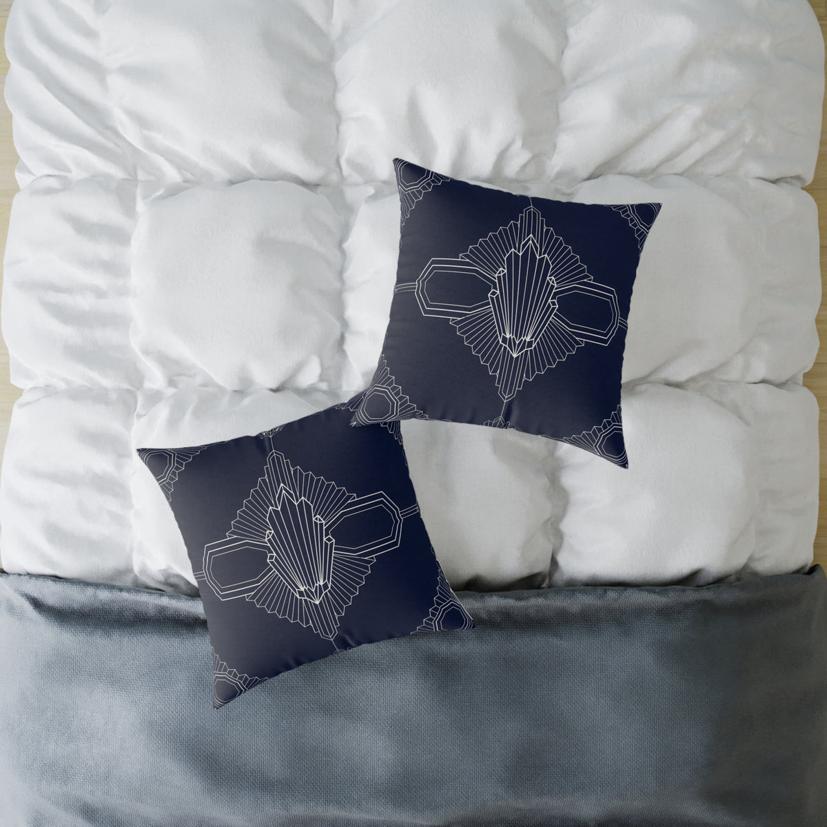 Art Deco Geometric Pattern Square Pillow | Navy White Canvas Throw Pillow