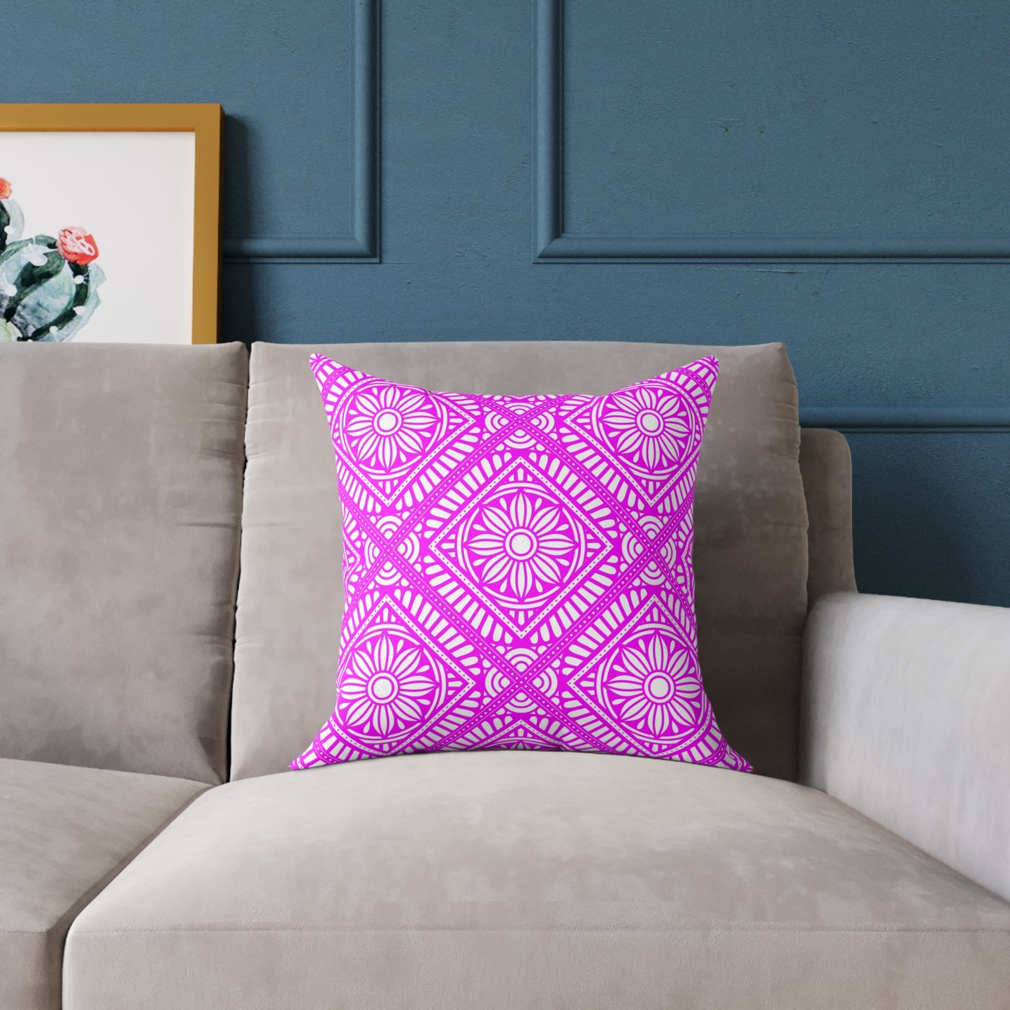 Pink and White Geometric Floral Tile Pillow | Square Poly Canvas Pillow