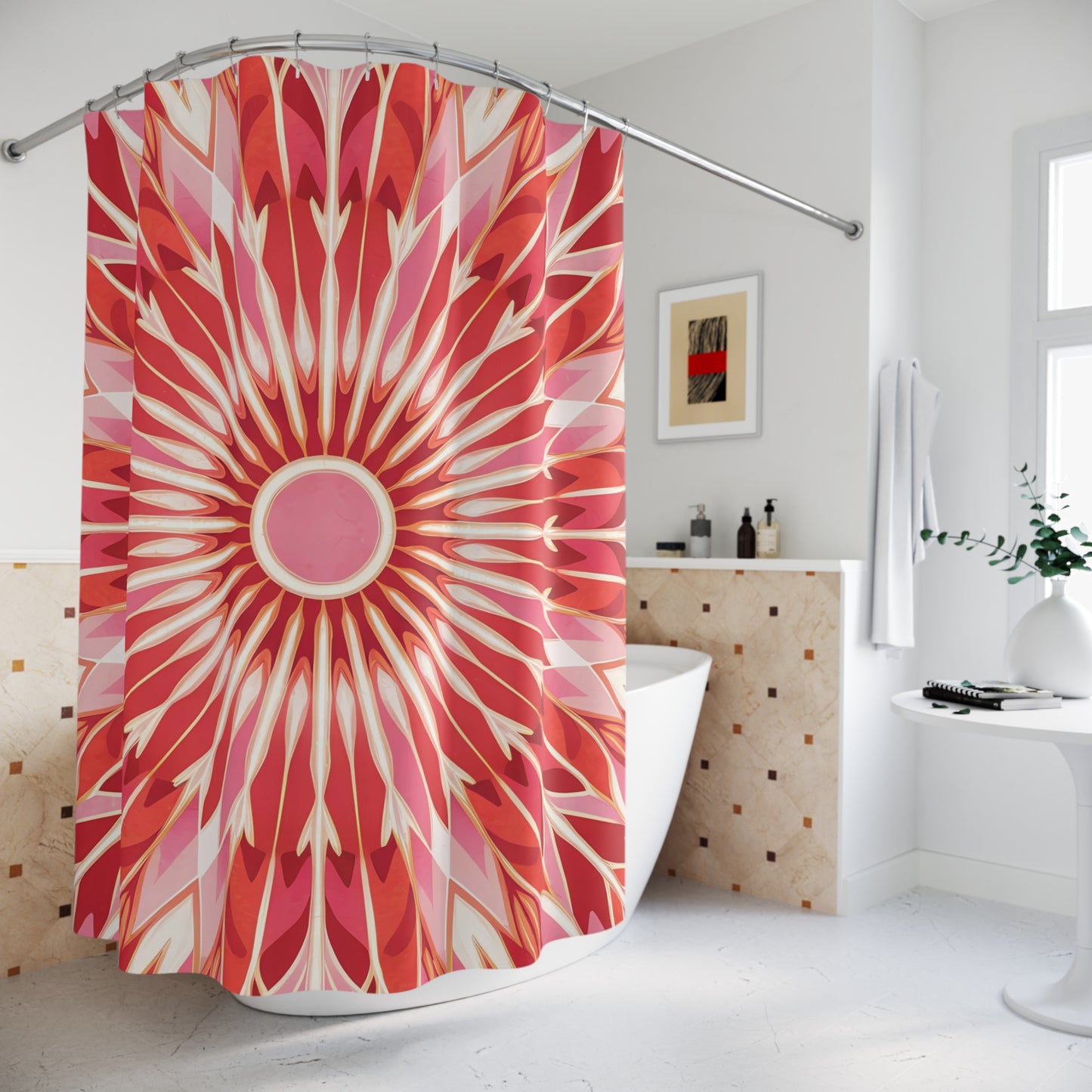 Boho Flower Shower Curtain - Orange, Pink, White Eclectic Bathroom Decor, Floral Bath Curtain, Bohemian Home Accessories, Unique Fabric