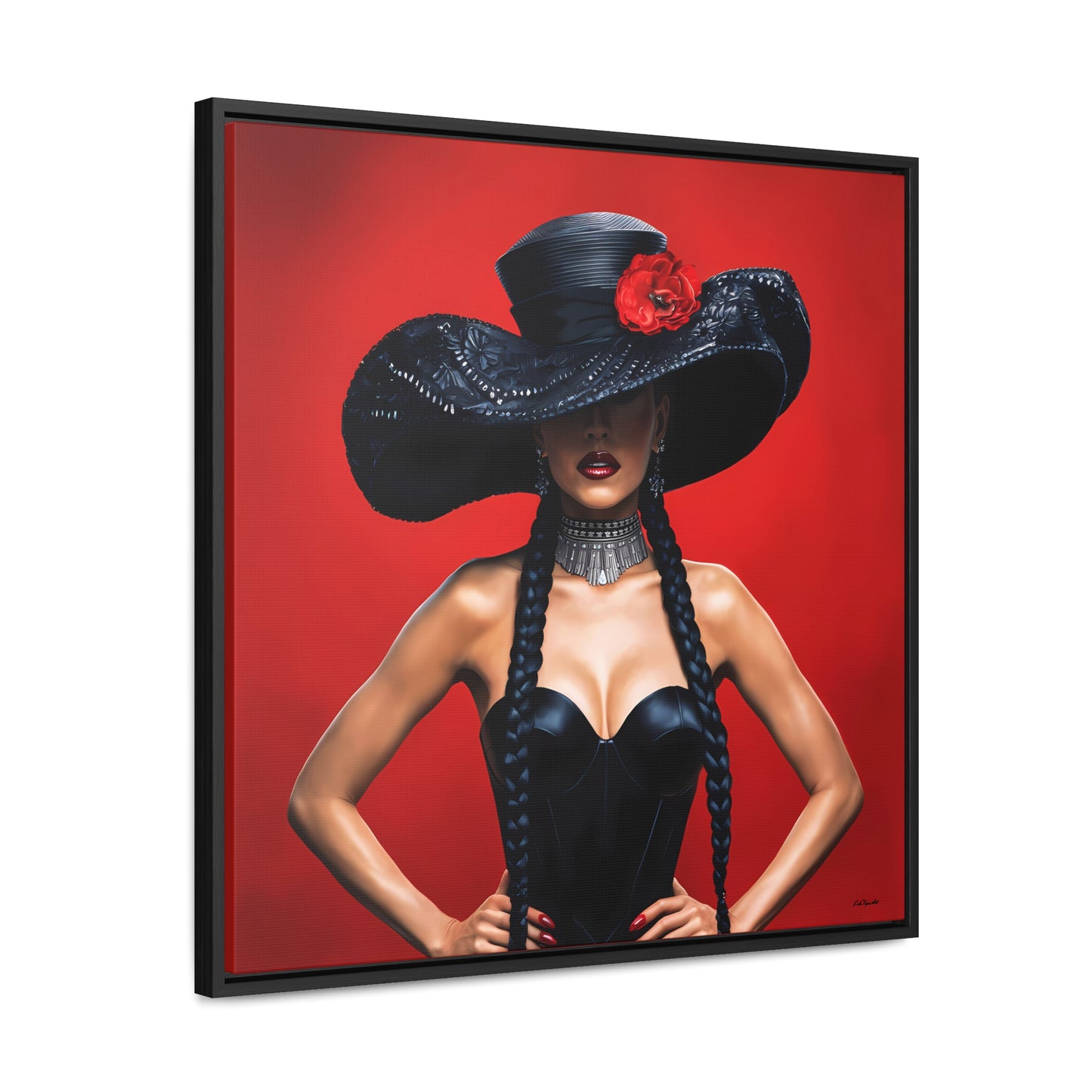 Square Canvas Wall Art, Latina Woman Black Hat Red Flower, Feminine Home Decor, Eclectic Art, Gallery Canvas Wrap, Square Frame