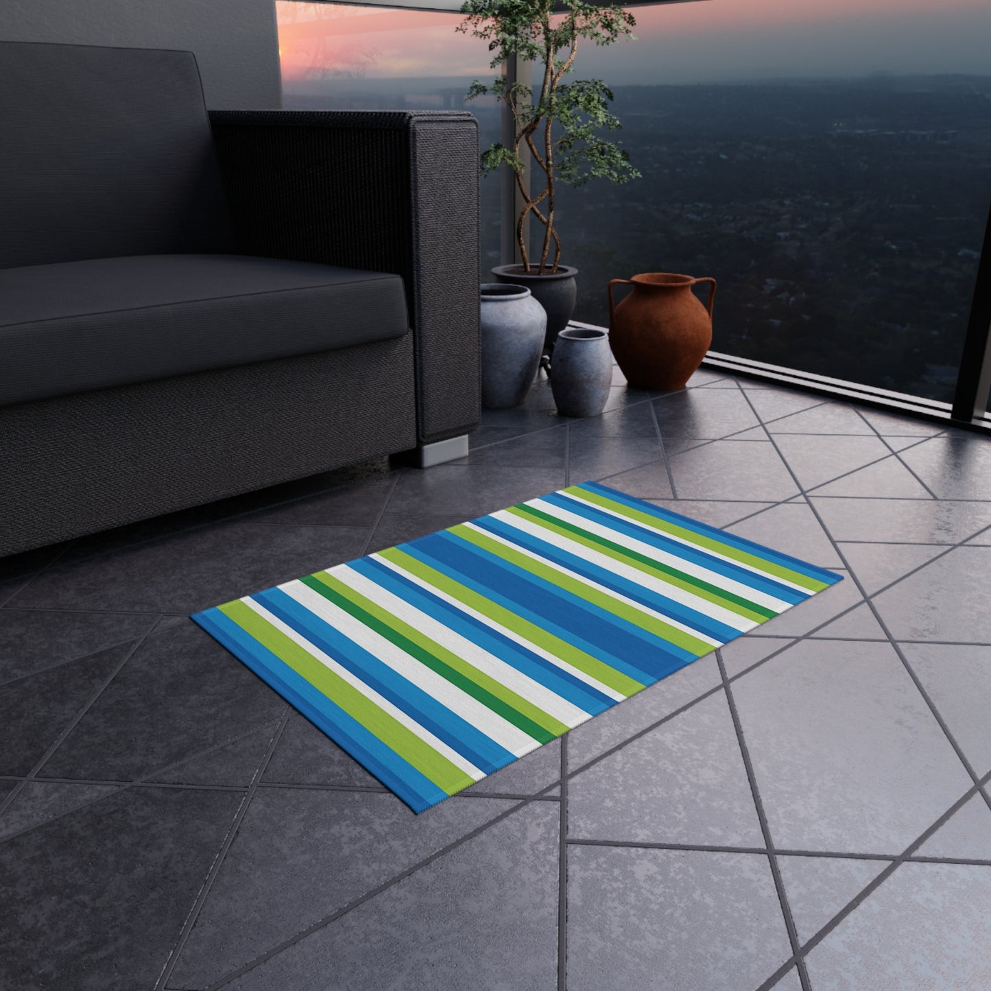 Blue Green Striped Outdoor/Indoor Rug | Patio Mat
