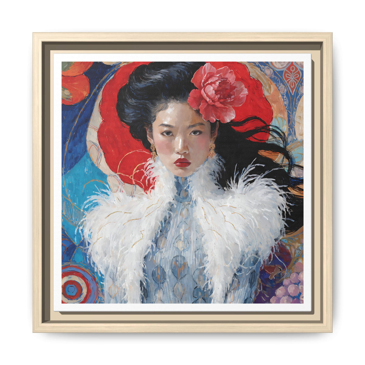 Asian Femme Portrait Matte Canvas Framed | Woman with Feather Collar Wall Art