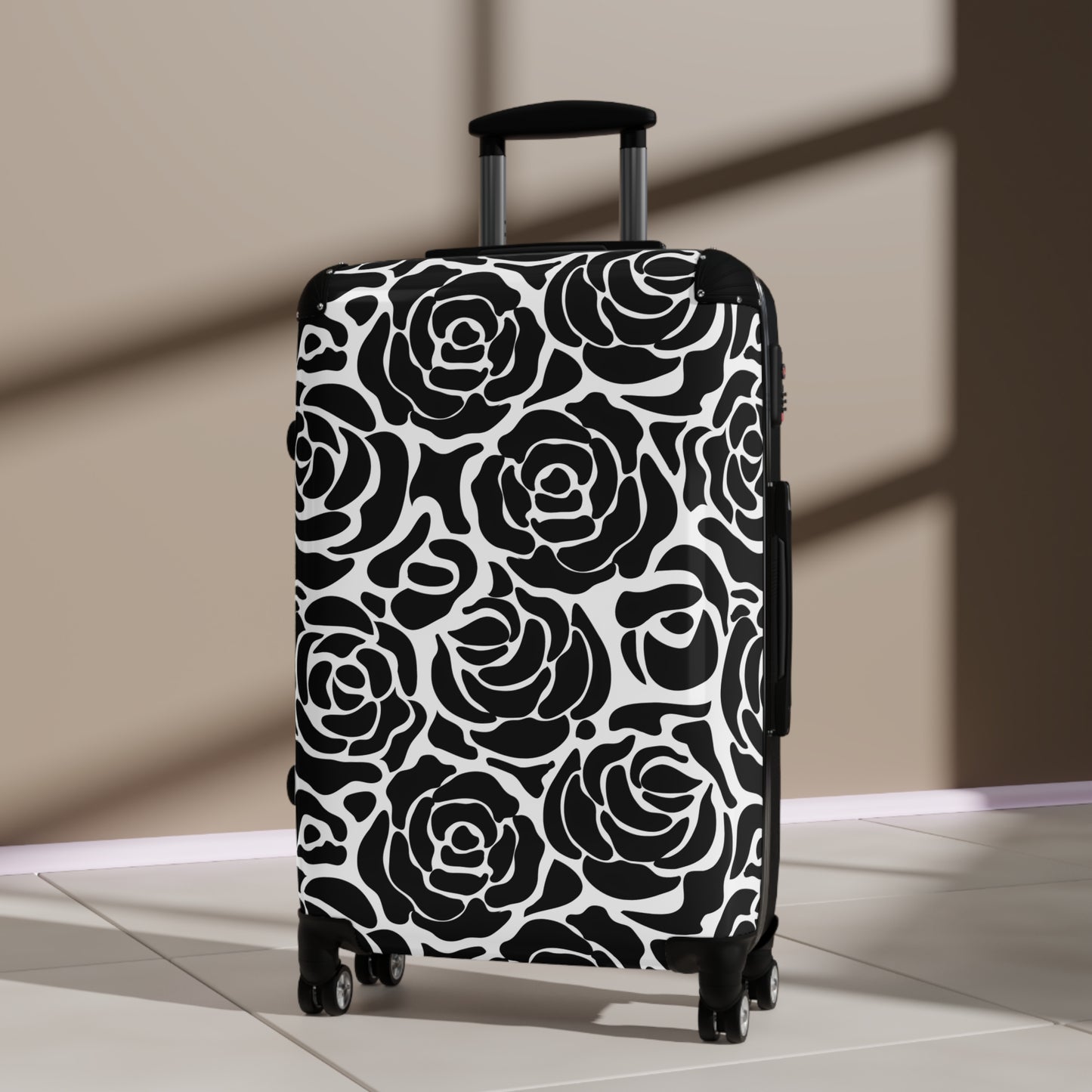 Black White Rose Pattern Suitcase | Floral Luggage