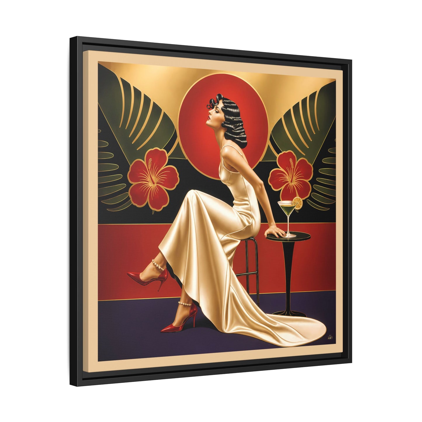 Art Deco Lady Red Green Beige Tropical Canvas Framed Wall Art | Matte Print