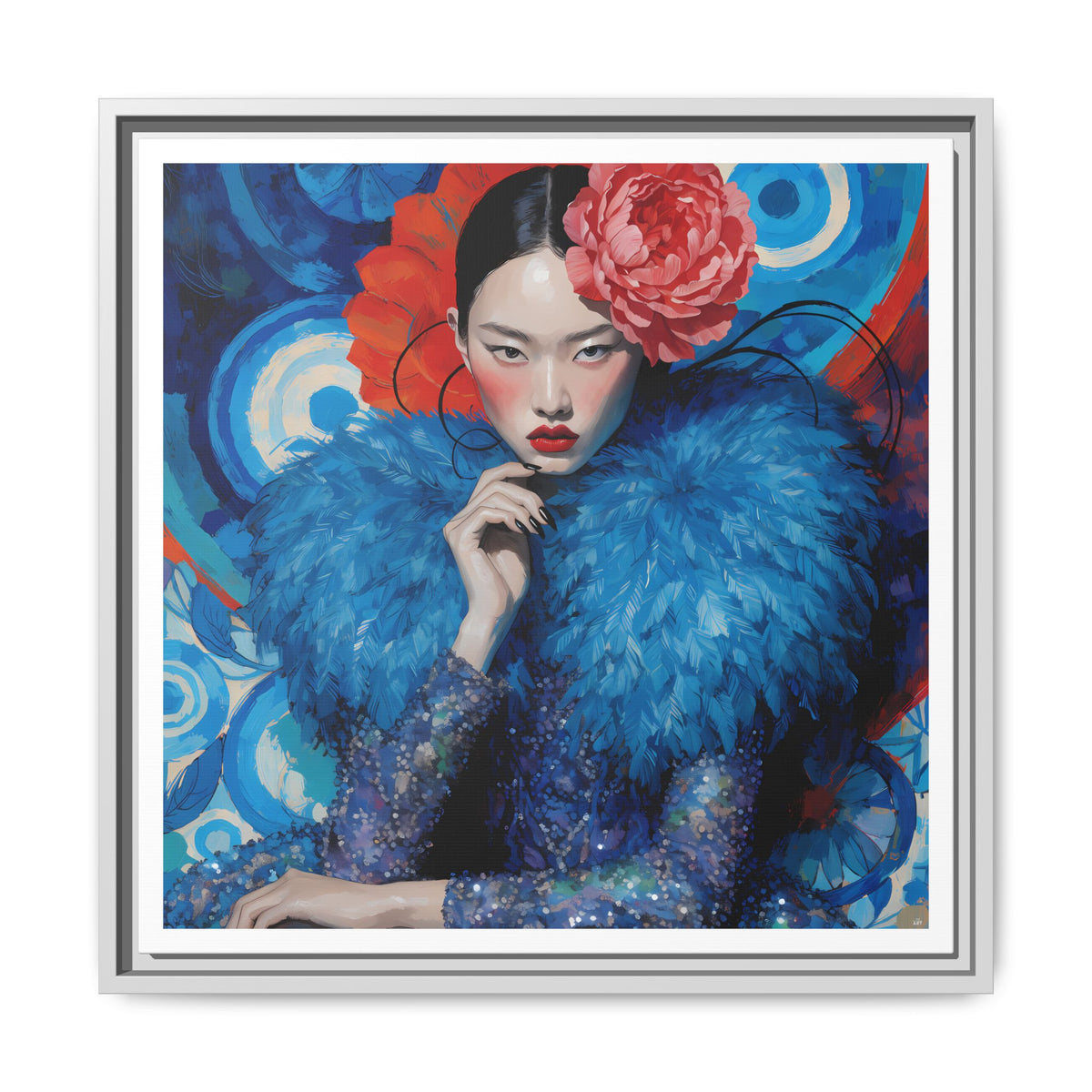 Floral-Femme Asian Woman Portrait Matte Canvas Framed Wall Art | Colorful Fashion Illustration