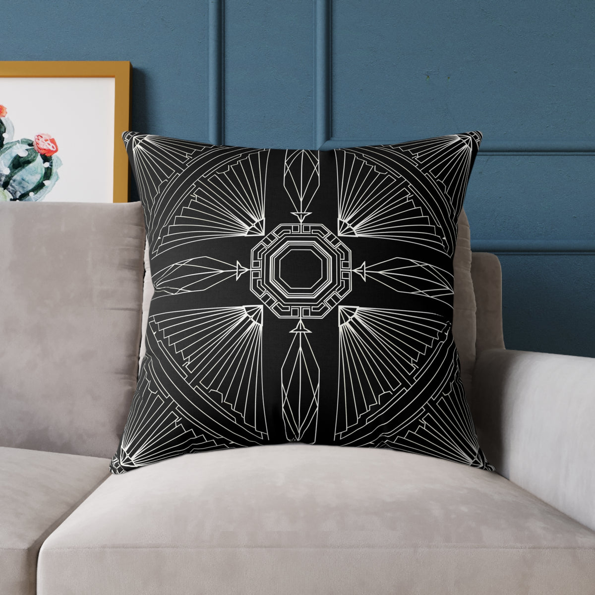 Art Deco Black White Geometric Pattern Pillow | Square Poly Canvas Pillow