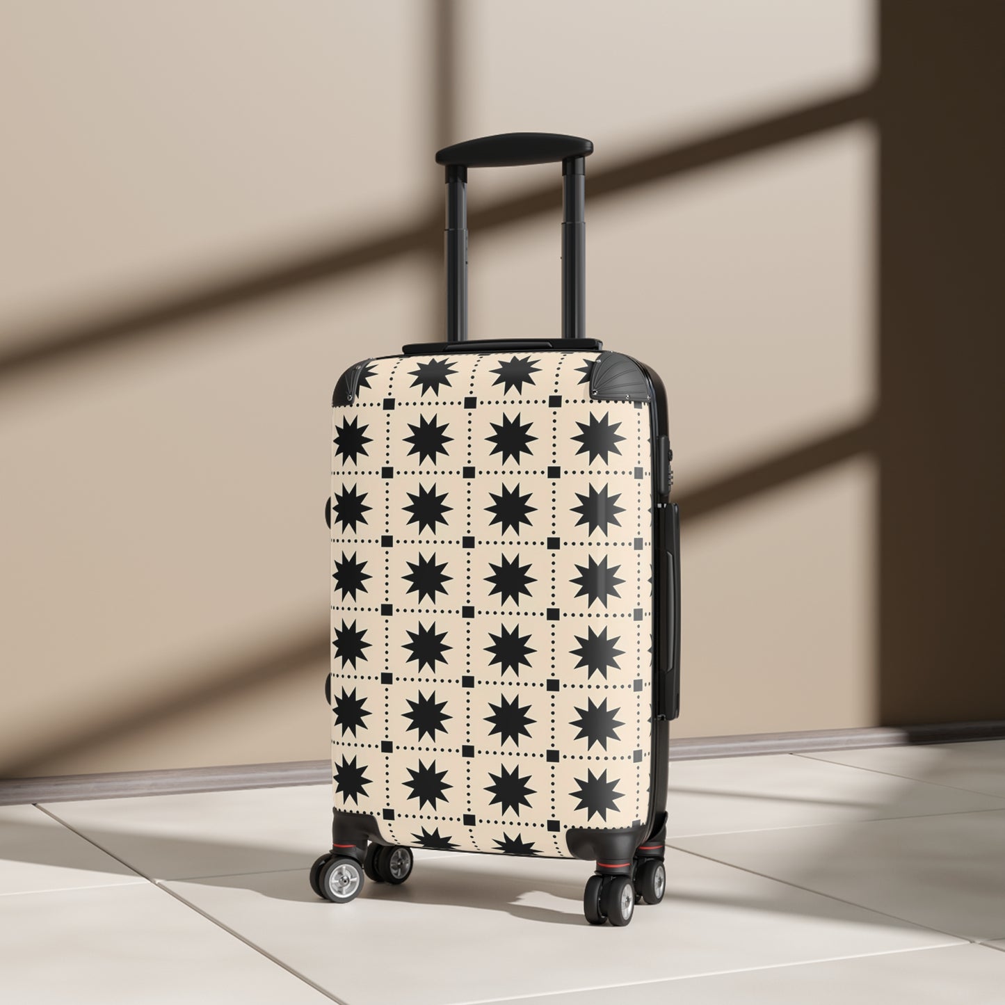 Black Creme Star Grid suitcase | Patterned Carry-On Luggage