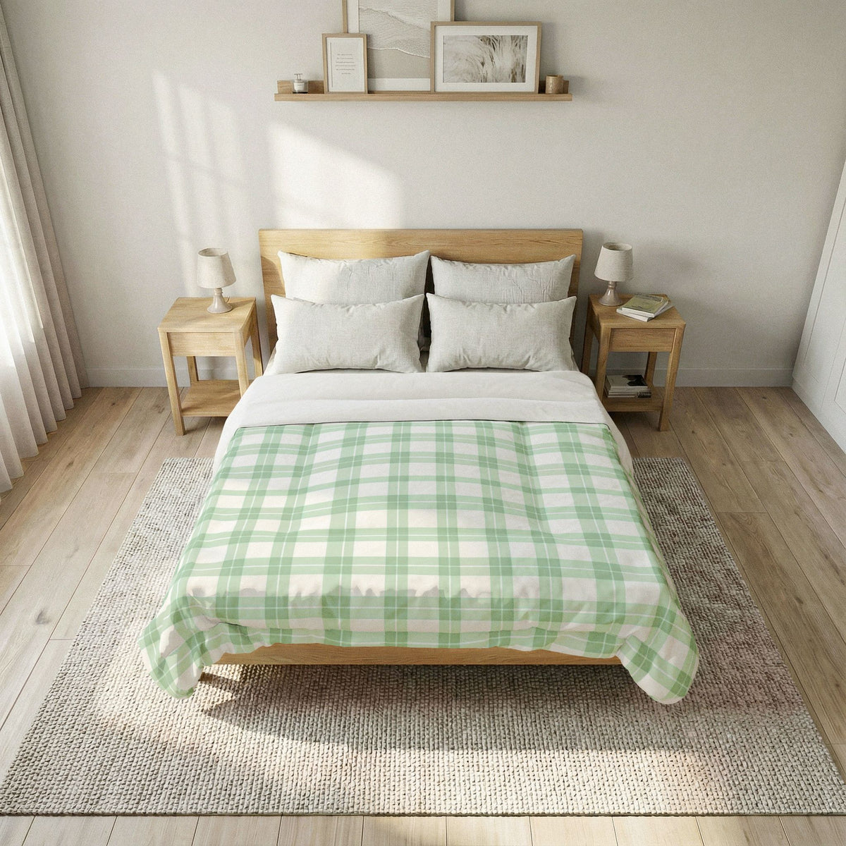 Green White Plaid Cotton Comforter | Pastel Check Bedding