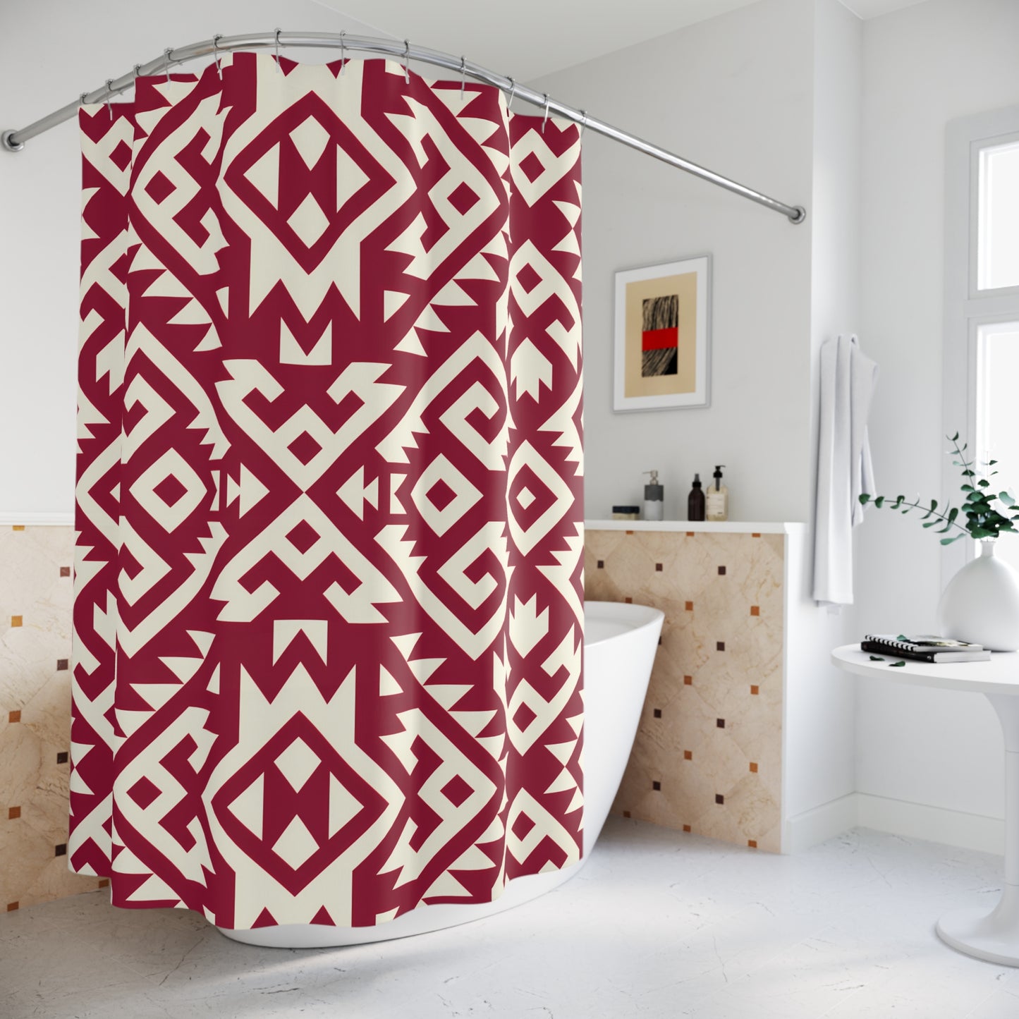 Maroon Off-White Aztec Geometric Shower Curtain | Tribal Pattern Bathroom Decor