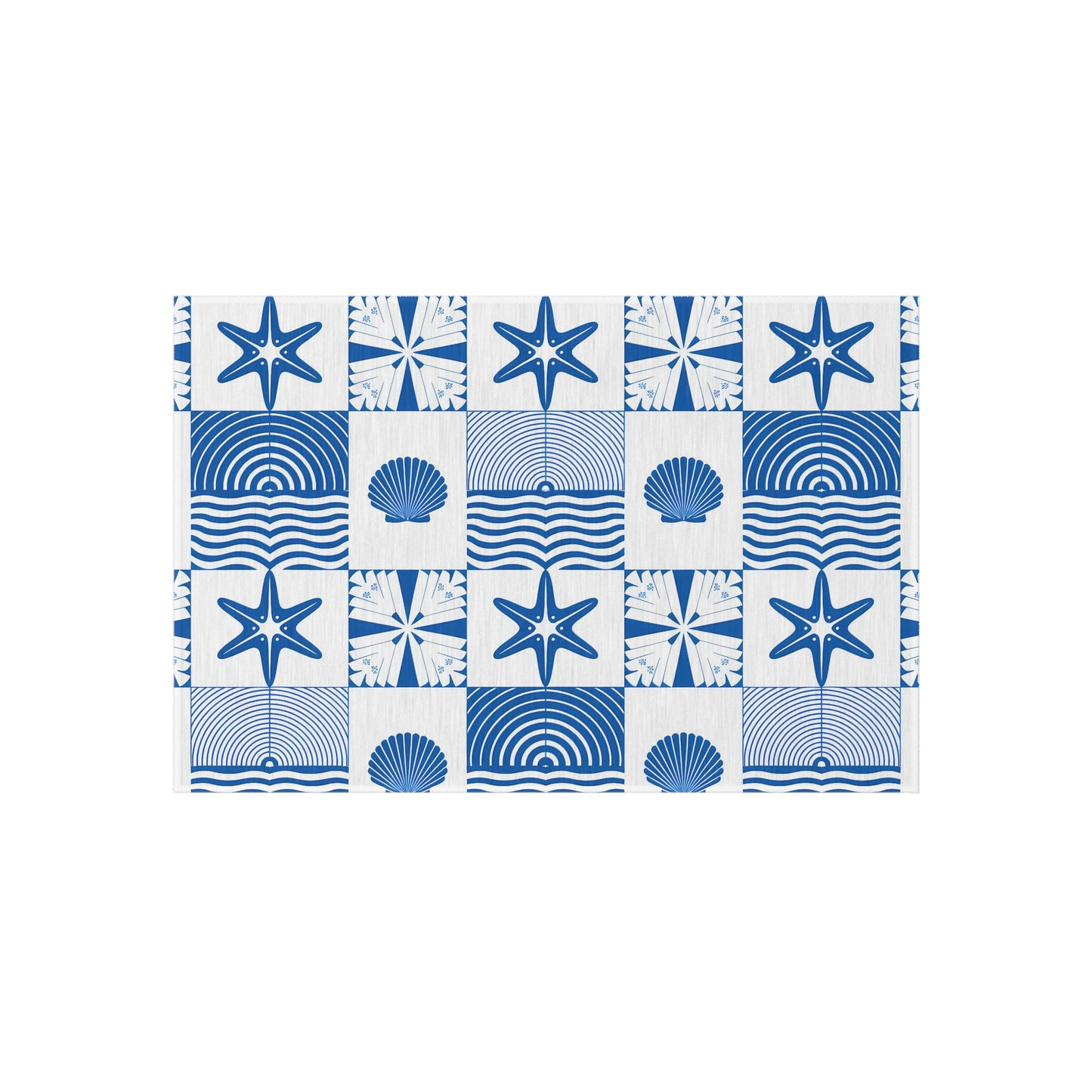 Nautical Seashell Starfish Checkered Outdoor/Indoor Rug | Coastal Patio Mat