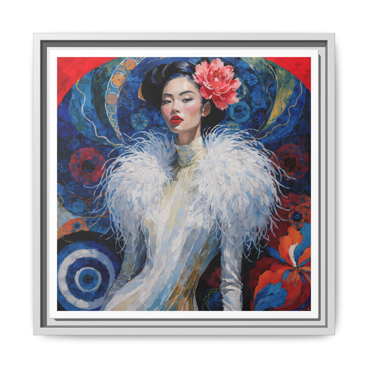 Floral Portrait  Asian Woman Matte Canvas Framed | Colorful Modern Wall Art