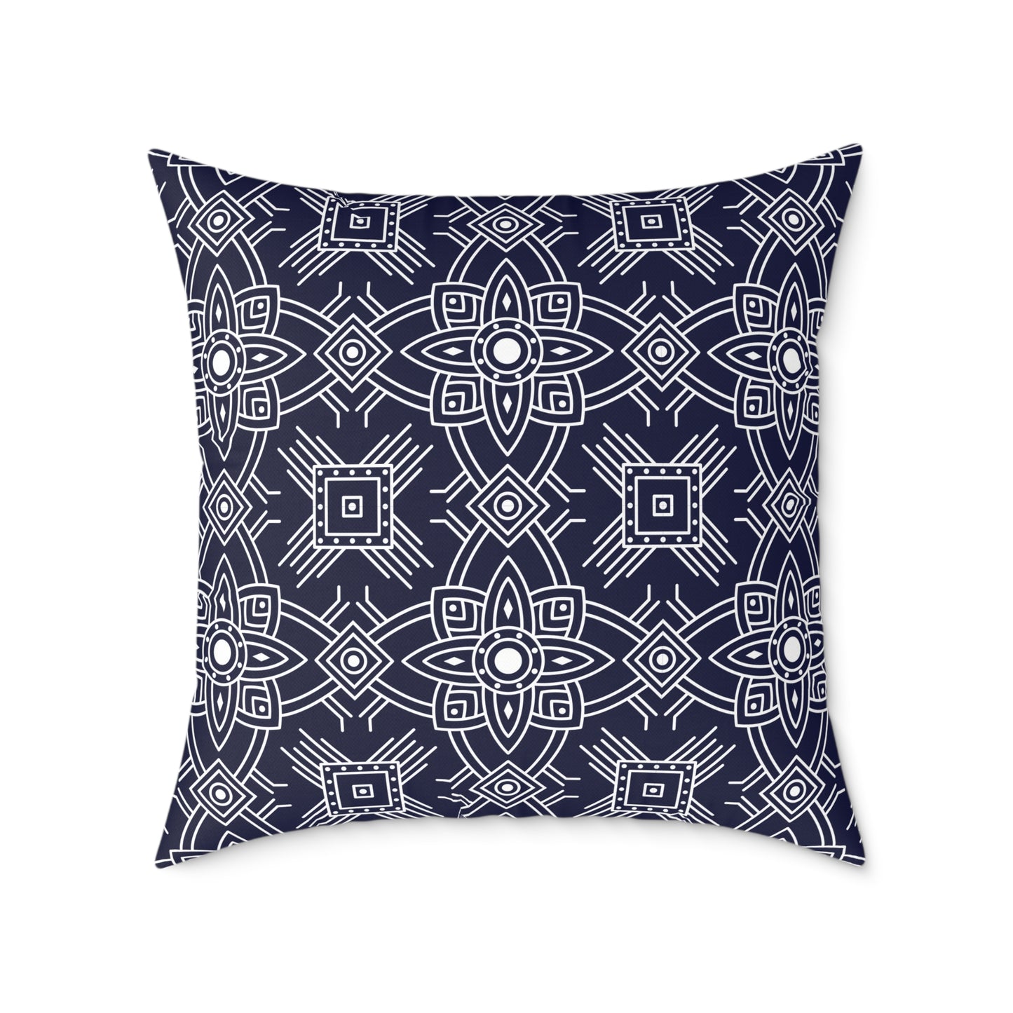 Navy White Geometric Mandala Square Pillow | Blue Pattern Throw Pillow