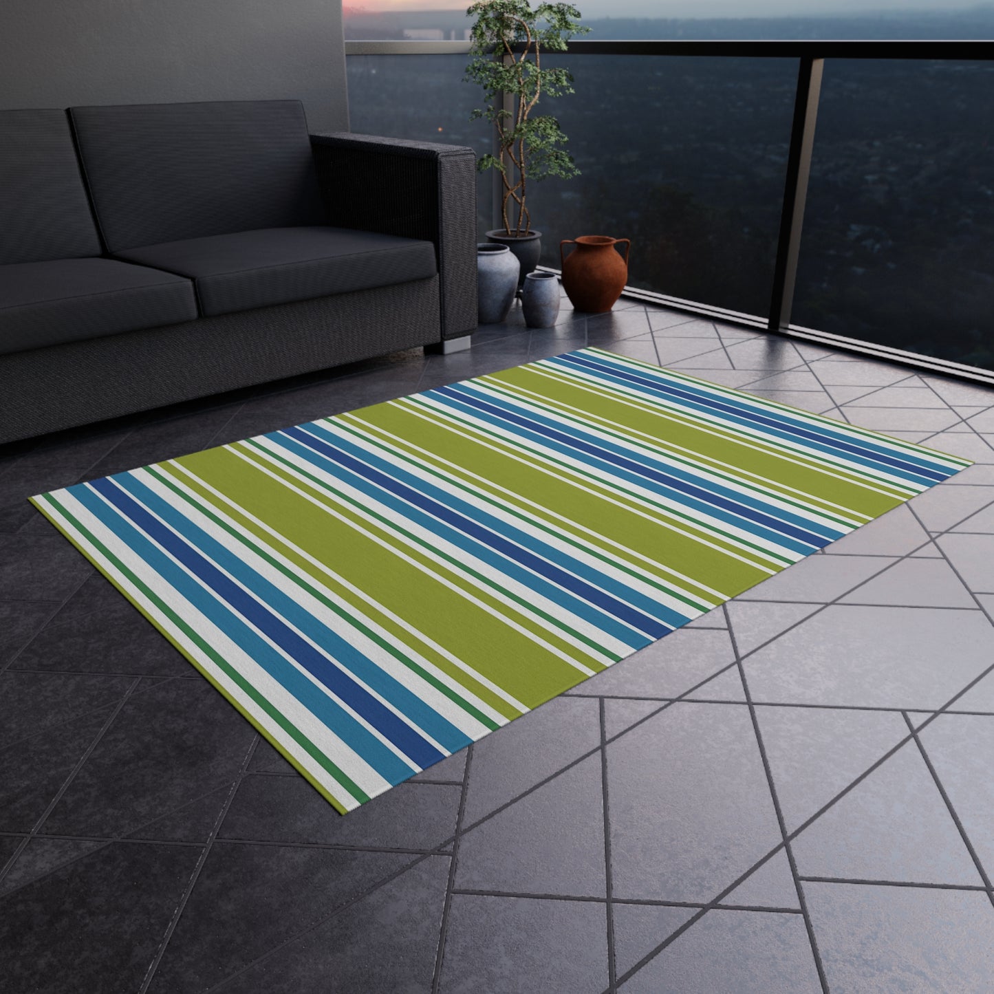 Blue Green White Striped Outdoor Rug | Outdoor Rug