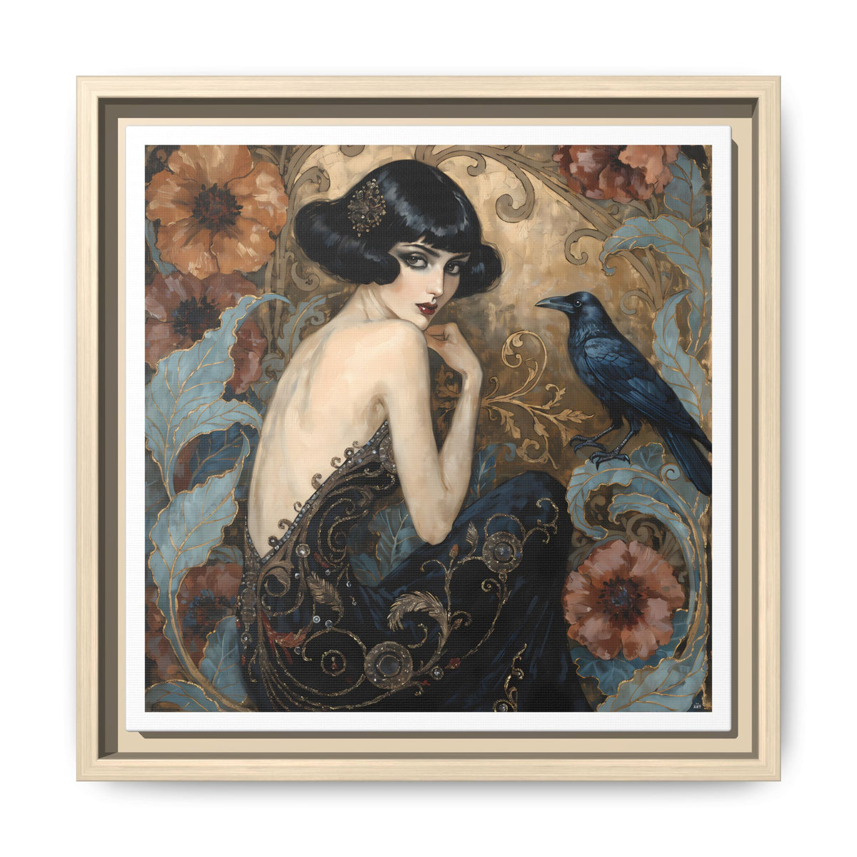Art Deco Lady with Raven Matte Canvas Framed Wall Art | Vintage Floral Portrait