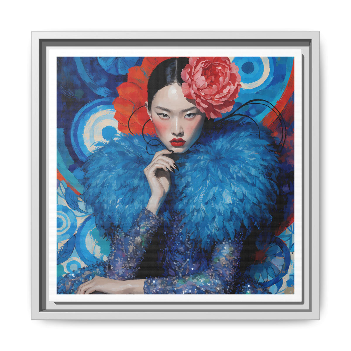 Floral-Femme Asian Woman Portrait Matte Canvas Framed Wall Art | Colorful Fashion Illustration