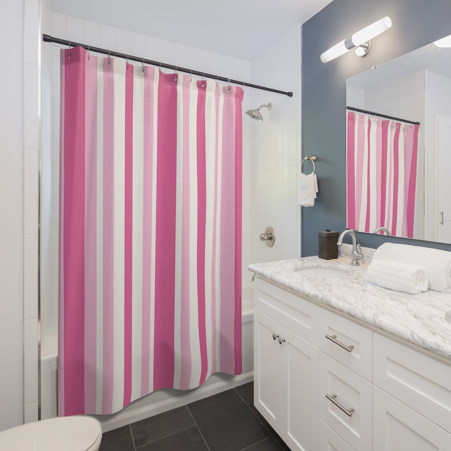 Pink Vertical Stripe Shower Curtain | Modern Bathroom Décor