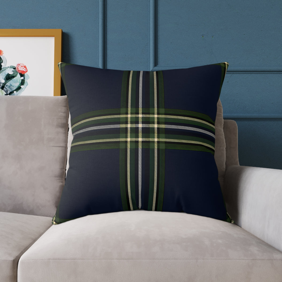 Green Navy Black Beige White Plaid Throw Pillow | Square Poly Canvas Pillow