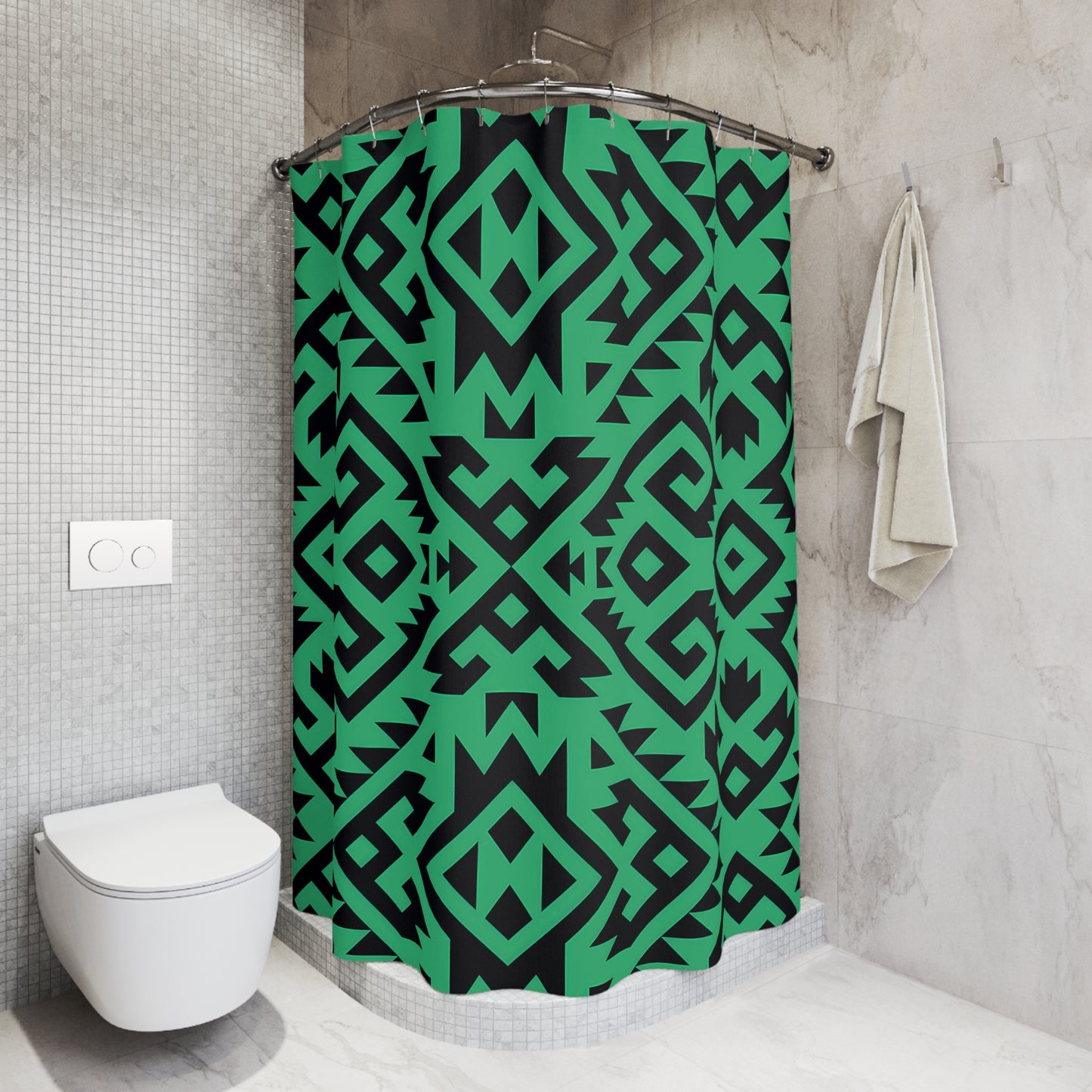 Geometric Aztec Boho Pattern Shower Curtain | Green Black Tribal Design