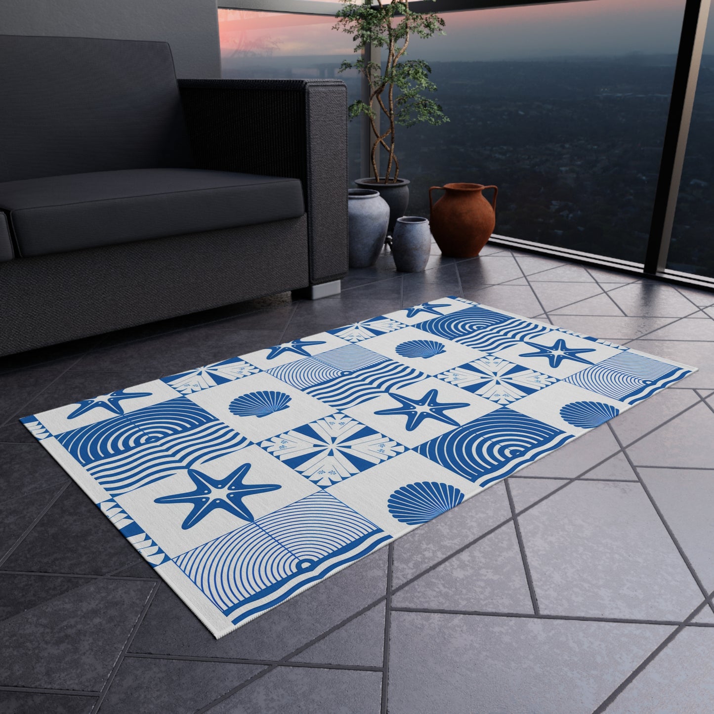 Nautical Seashell Starfish Checkered Outdoor/Indoor Rug | Coastal Patio Mat