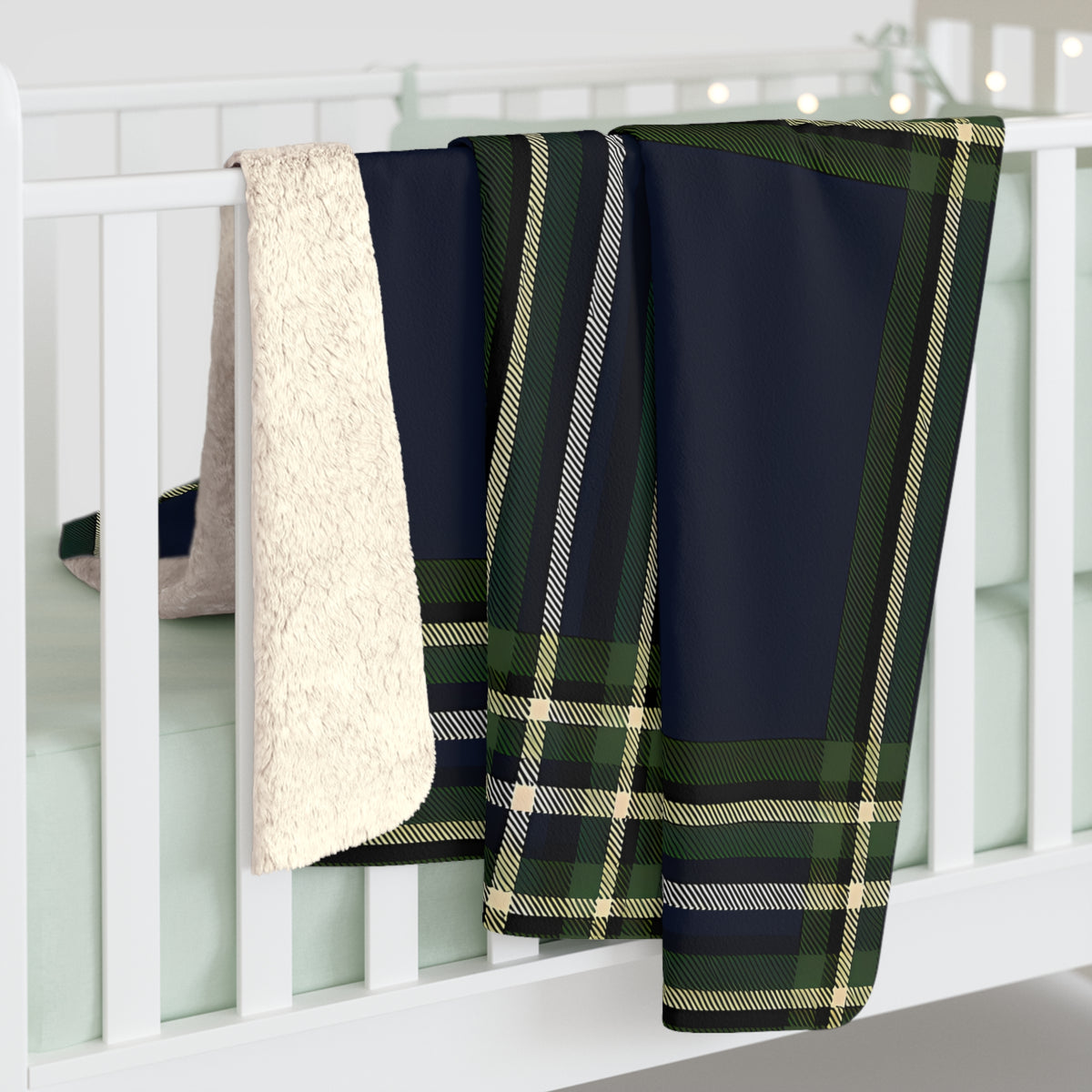 Navy Green Yellow White Tartan Plaid Sherpa Blanket | Cozy Fleece Throw
