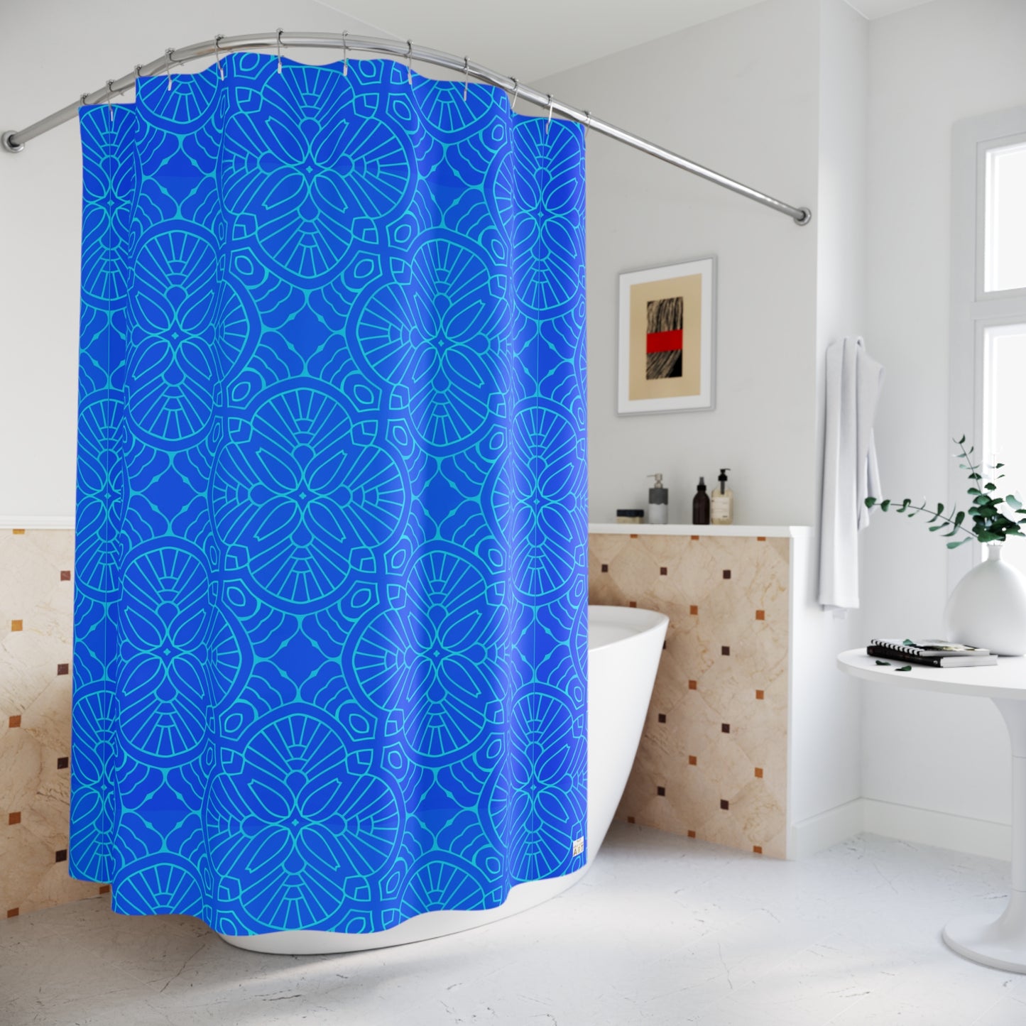 Blue Geometric Mandala Shower Curtain | Mediterranean Pattern Vibrant Bathroom Accessory