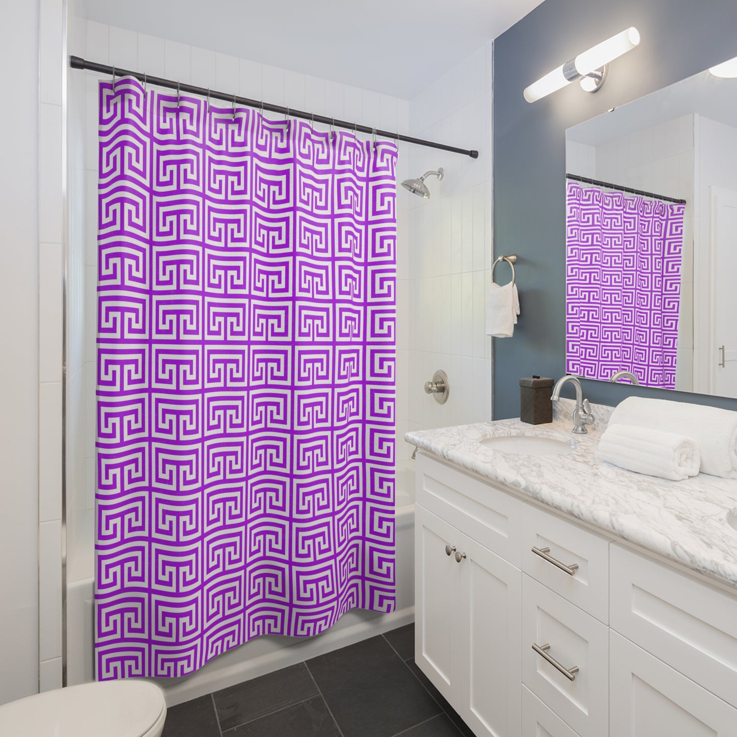 Purple Greek Key Pattern Shower Curtain | Geometric Bath Decor, Glam Bathroom Accessory,  Classy Vibe