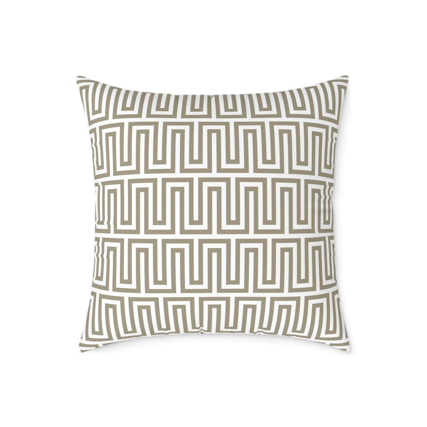 Tan White Greek Key Geometric Pattern Pillow | Square Poly Canvas Throw Pillow
