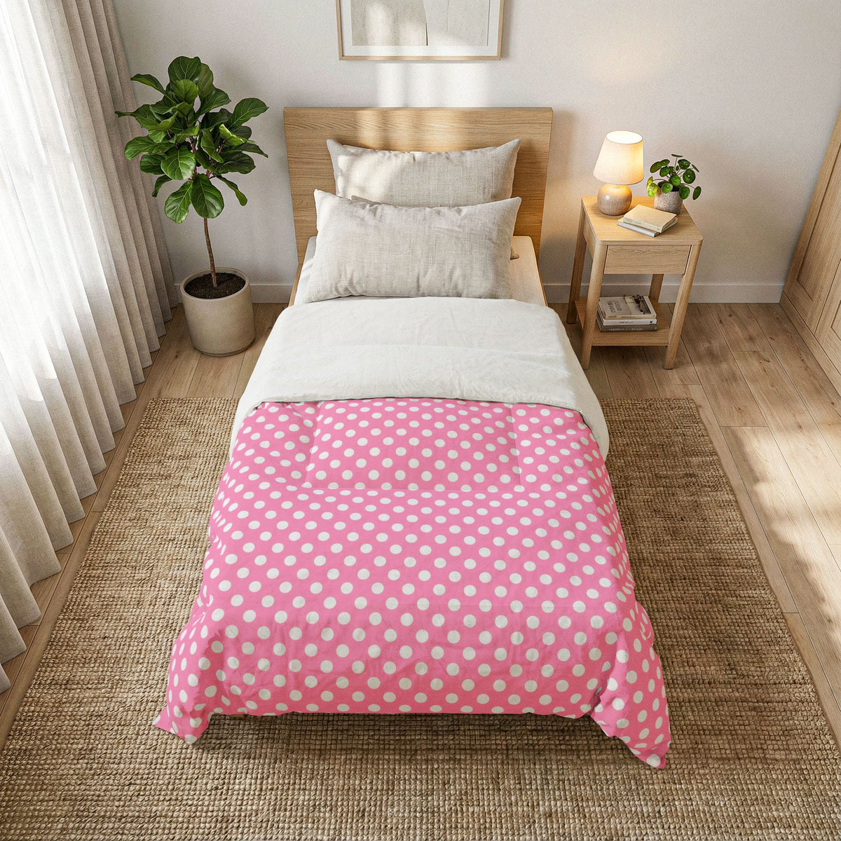 Pink White Polka Dot Cotton Comforter | White Dot Bedding, Kids Room Throw