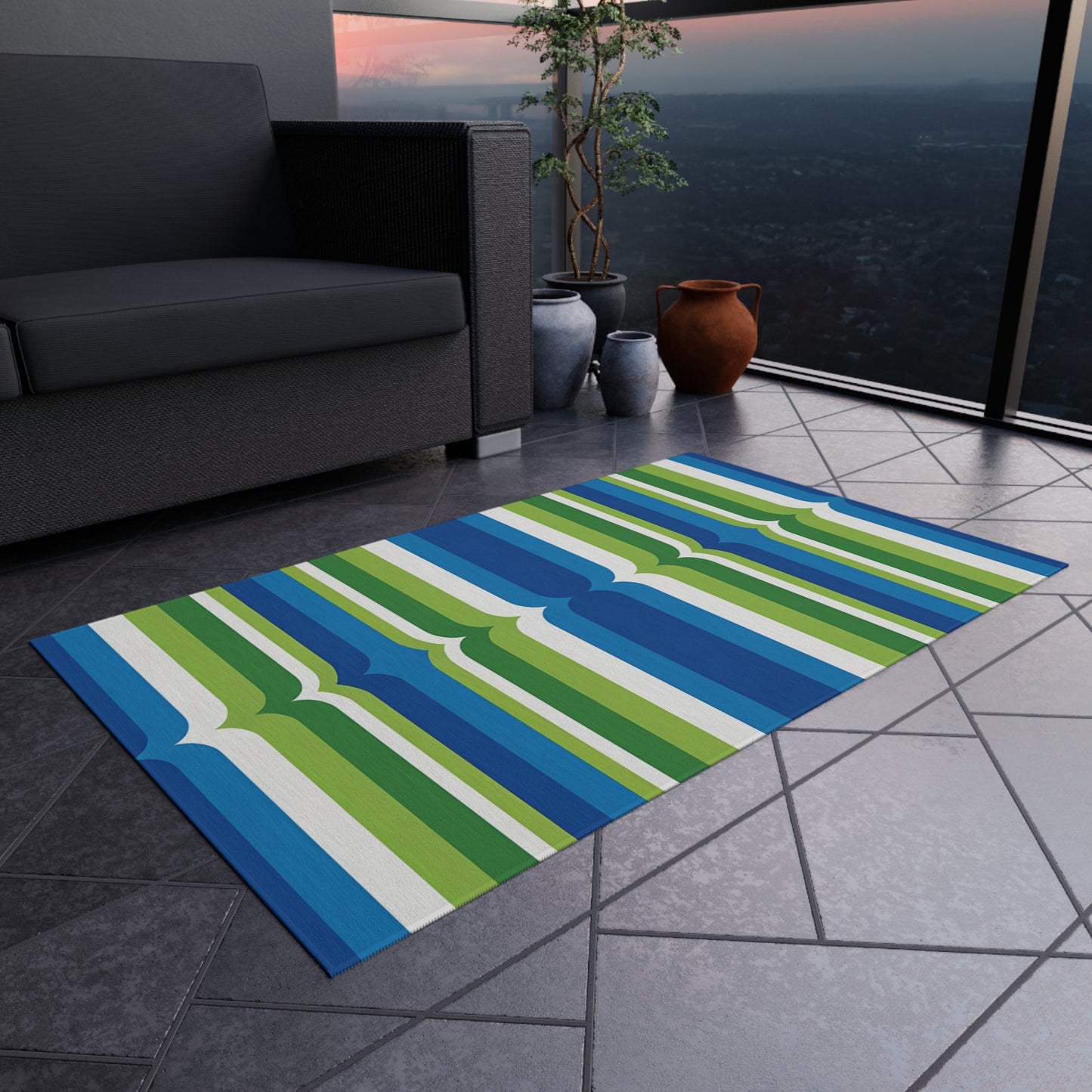 Blue Green Striped Pattern Outdoor/Indoor Rug | Patio Deck Mat