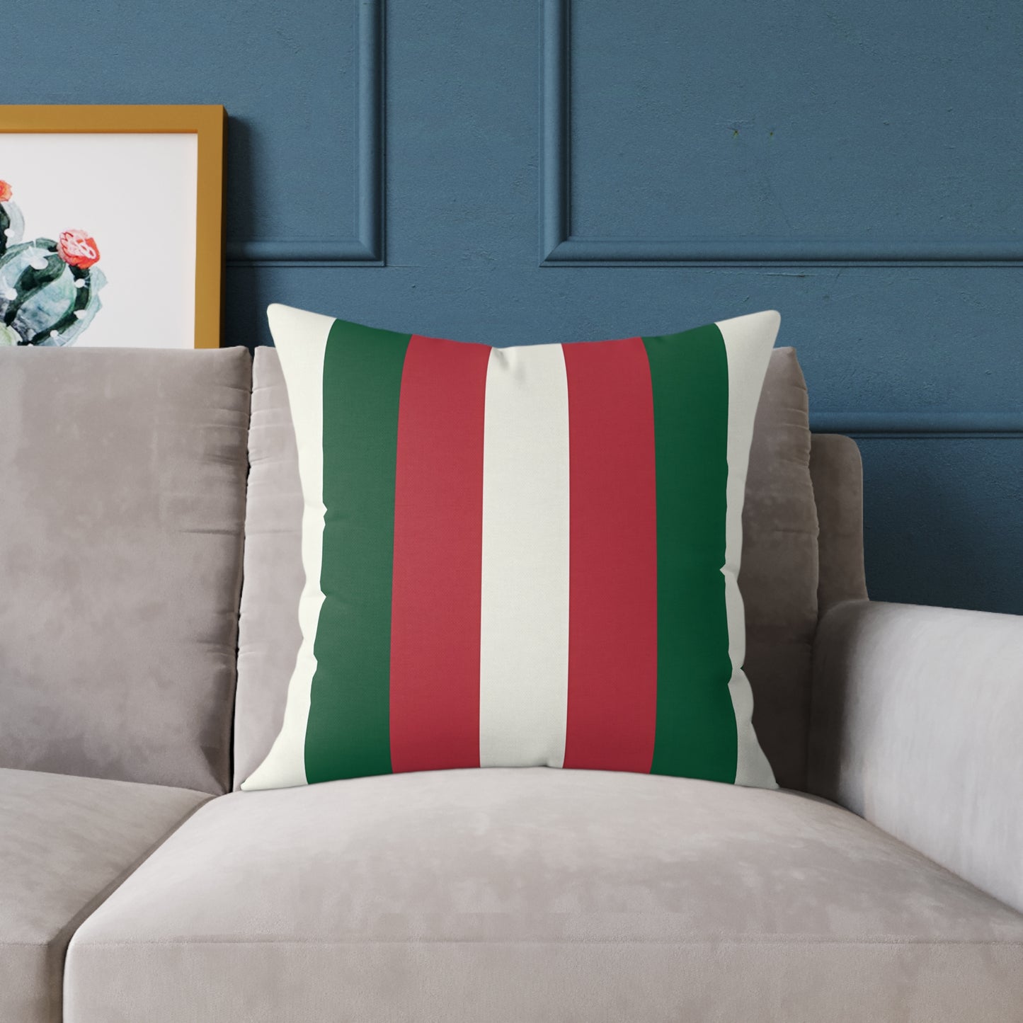 Green Red White Stripe Pillow | Square Poly Canvas Pillow