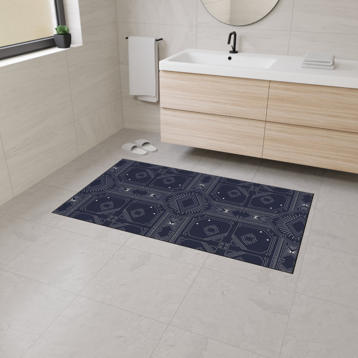 Navy White Geometric Indoor/Outdoor Floor Mat — Durable Non-Slip Rug