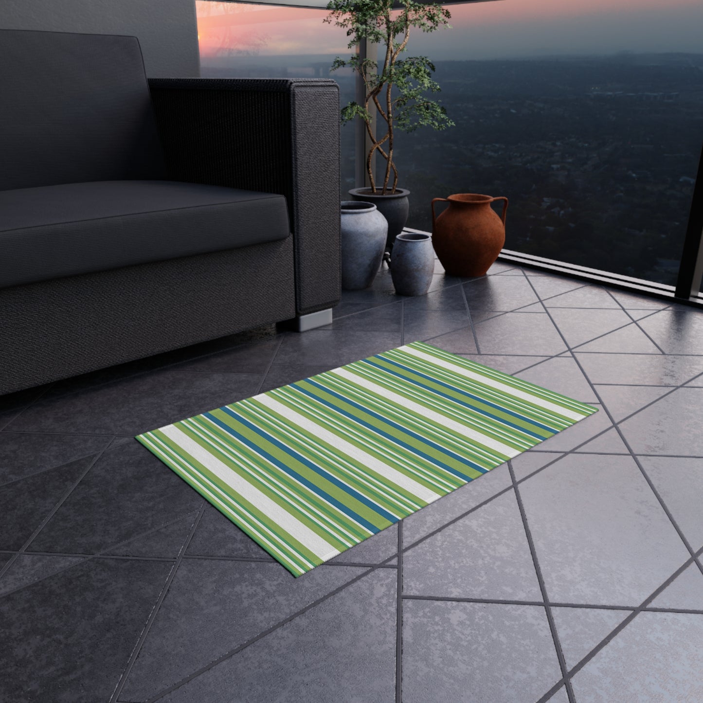 Green Blue White Stripe Outdoor Rug | Patio Mat, Weather-Resistant
